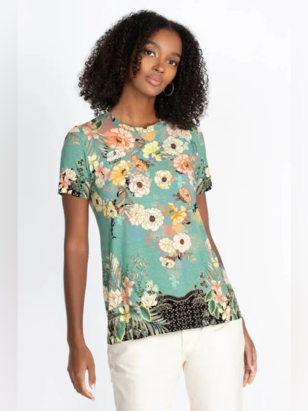 Johnny Was Millay Favorite Crew Neck Short Sleeve Multicolor Floral Tee Size XS
